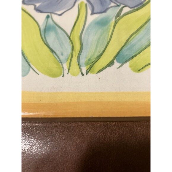 Italian Hand  Painted tile/trivet Made in Italy Vitage Blue Green Flower glazed - Picture 8 of 16